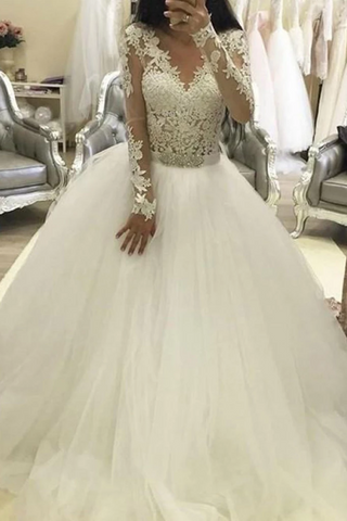 Vestido de novia de tul con cuello en V y mangas largas, vestido de novia largo de princesa con apliques