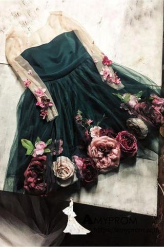 Una línea de cuello en V hecho a mano vestido de regreso a casa de la flor único corto vestido de fiesta de manga larga