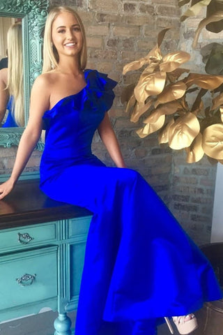 Hermosa vaina larga de un hombro azul real vestidos de baile vestidos de mujer