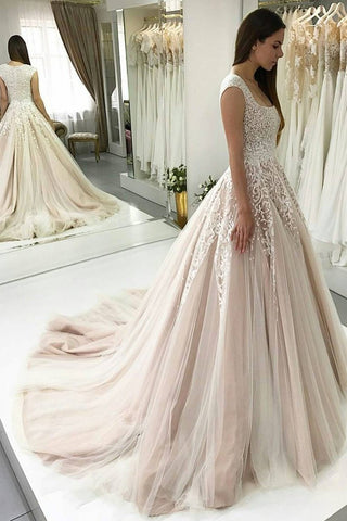 2024 cuello cuadrado vestido de novia una línea de tul con apliques y cuentas