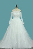 2024 Boat Neck Tulle Wedding Dresses Una línea con apliques y perlas Chapel Train