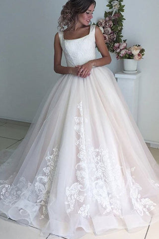 2024 Vestido De Novia Cuadrado Cuello Una Línea Falda De Tulle Con Perlas De Appliques