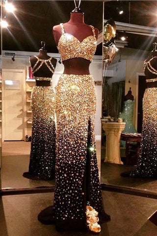 Vestidos de baile de fiesta dorado brillante y negro de 2 piezas con cuentas