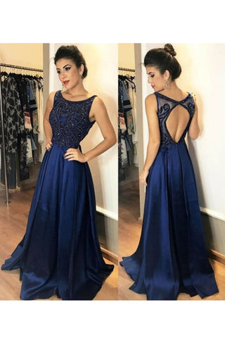 2024 Sexy Open Back Scoop Prom Dresses Una línea raso Sweep Train Open Back