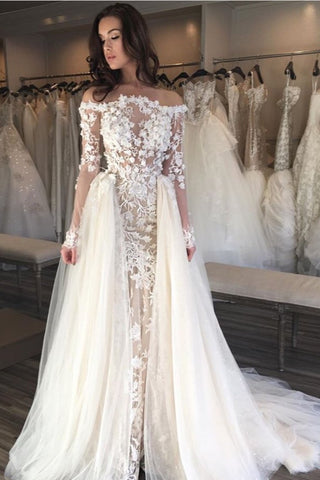 2024 Vestidos de novia Chaleco de cuello barco con Applique manga larga desmontable tren