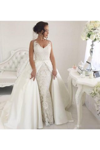 2024 Nueva llegada correas boda Dresse vaina con Applique desmontable satinado tren