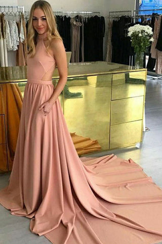 Modest Pink Long Open Back simples baratos elegantes vestidos de baile Vestidos de noche