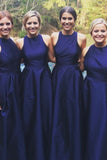 Royal Blue A-Line Satin Scoop vestidos de dama de honor largos baratos simples