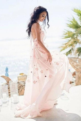 Halter Backless Chiffon Beach Vestidos de novia con apliques Volantes