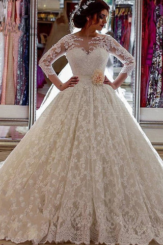 2024 Ball Gown cucharada 3/4 longitud mangas vestidos de novia encaje con apliques