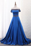 2024 A Line Prom Dresses Boat Neck Satin con cuentas barrer el tren