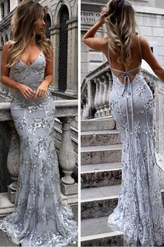 2024 Sexy Backless gris lentejuelas encaje sirena larga noche vestidos de baile baratos Vestidos largos