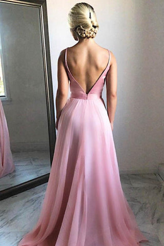 Correas espaguetis con cuello en V simples vestidos de fiesta rosa fluidos simples Vestidos de baile