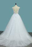 2024 Scoop Open Back Vestidos de novia Tulle con apliques A Line Chapel Train