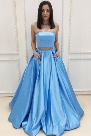 Bonitos 2 piezas de una línea de vestidos de fiesta sin tirantes azules sin tirantes con bolsillos