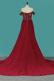 2024 Red Slit Off El Hombro Prom Vestidos Una Línea Gasa Con Applique Y Perlas