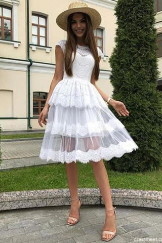 Vestidos de fiesta de encaje blancos de una línea, hermosos vestidos de fiesta cortos