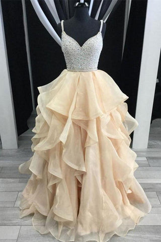 Más nuevos correas espaguetis vestido de bola abalorios champán princesa vestidos de baile vestidos de quinceañera