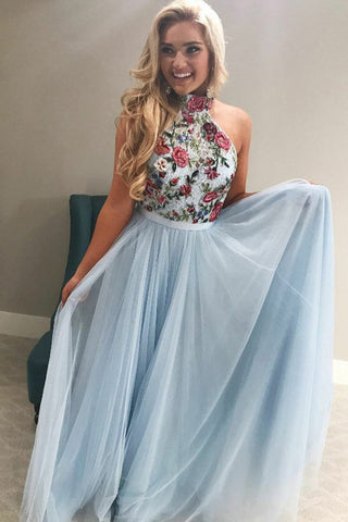 Elegante Halter Sky Blue Long Open Back bordado fluido Vestidos de baile