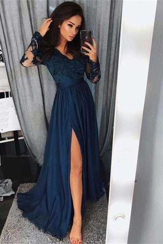 Pretty Long Sleevesl Navy Blue Lace Front Split Vestidos de baile Vestidos de mujer