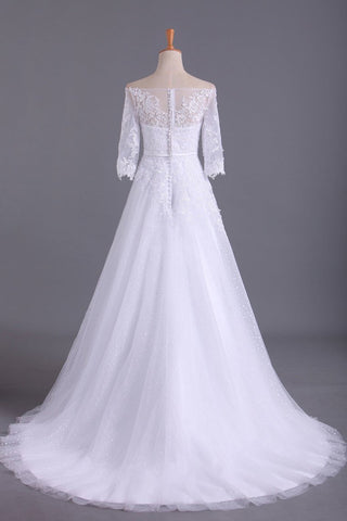 2024 brillante Wedding Dresses Bateau Medio Longitud de la manga una línea con apliques