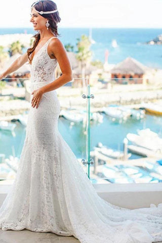 Vestido de novia romántico sin mangas con cuello en V profundo, vestidos de novia de sirena con tren