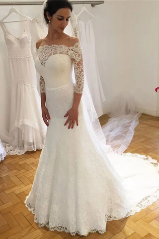 Vestidos de novia únicos de sirena con encaje 3/4 mangas, vestidos de novia