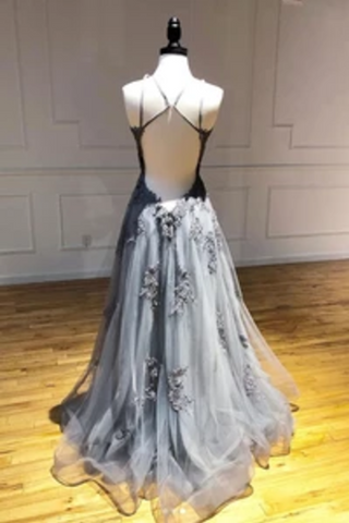 Vestidos de fiesta largos de tul, vestido de noche formal sin espalda con apliques