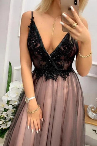 Vestido de fiesta largo de tul con cuello en V con apliques, vestido formal sin espalda hasta el suelo