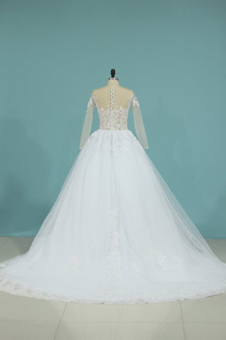 2024 Nueva A Line Scoop de manga larga vestido de novia Tulle con Applique