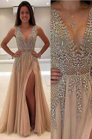 2024 Tulle Prom Dresses A Línea V cuello con cuentas y Slit Open Back