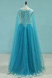 2024 Muslin Prom Dresses con el Cabo A-Line correas espaguetis Tulle con Applique de Oro hasta el suelo