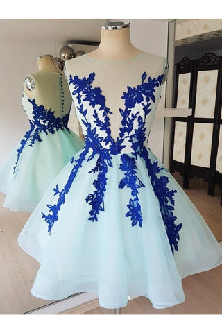 Vestidos de fiesta de tul cortos de encaje, vestidos cortos de graduación de encaje azul de regreso a casa