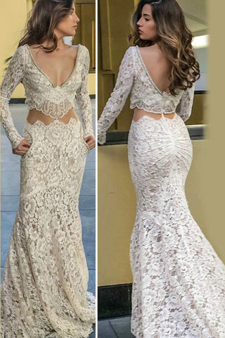 Manga larga de encaje con cuello en V de sirena larga y modesta Vestidos de novia Vestidos de novia