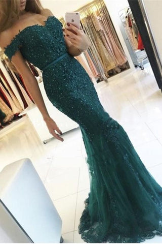 2024 Off The Shoulder Prom Dresses Sirena Tul con Applique y Beadings Cubierto Botón