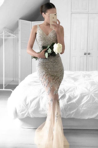 2024 Sexy Prom Dresses Mermaid V cuello Tul con rebordear cremallera hasta ver a través