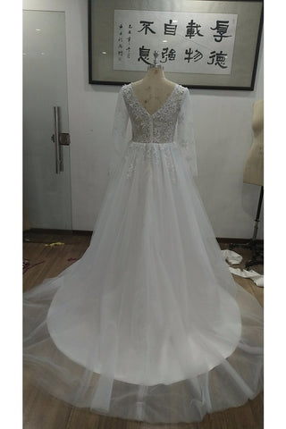 Vestido de novia de tul con cuello en V y mangas largas, vestido de novia largo de princesa con apliques