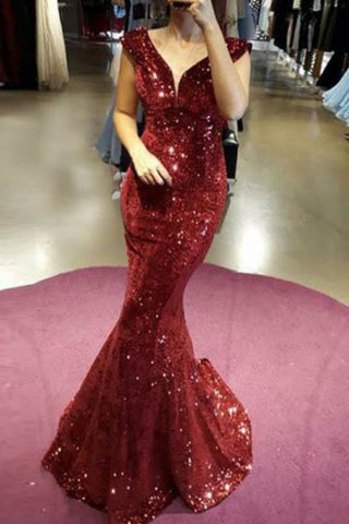 2024 sexy trompeta / sirena lentejuelas vestido de fiesta V cuello barrido tren