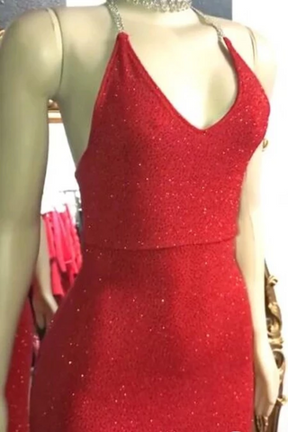 Vestidos de fiesta de lentejuelas con purpurina roja con cuello en V sexy Vestidos de noche sin espalda halter de sirena