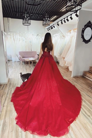 Corte de baile Cuello en V Tirantes finos Tul Vestidos de baile con apliques