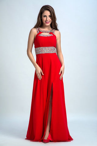 2024 Sexy vestidos de baile Una Line Scoop barrer / cepillo rojo espalda abierta