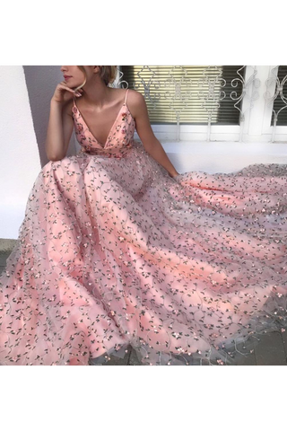 2024 elegante Rosa con cuello en V Encaje floral Vestidos largos de baile Correa de espagueti Vestido formal