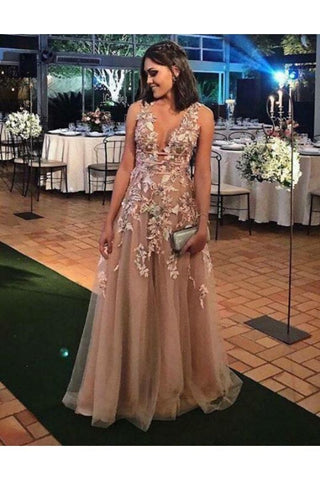 Una línea de apliques con cuello en V hasta el suelo Vestidos de baile Vestido de noche de tul