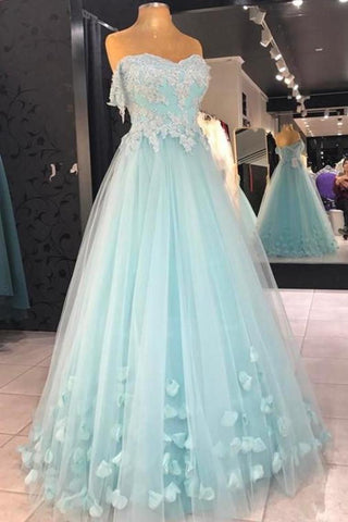 Vestido de fiesta de tul sin tirantes hasta el suelo sin tirantes barato con flores, vestido formal con apliques