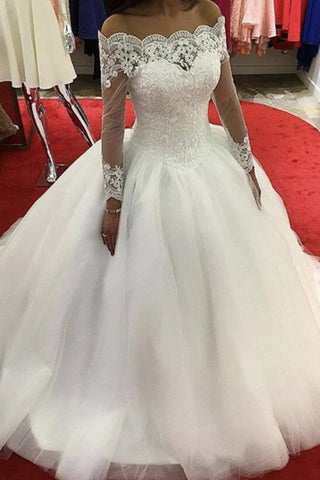 2024 barco cuello de manga larga vestidos de novia vestido de bola tul con apliques