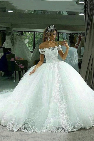 2024 Vestido de Boda Vestidos de Novia Tul Cuello barco con tren de corte Applique