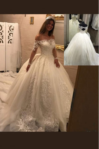 2024 lujoso vestido de bola vestidos de novia de manga larga barco cuello tul con apliques