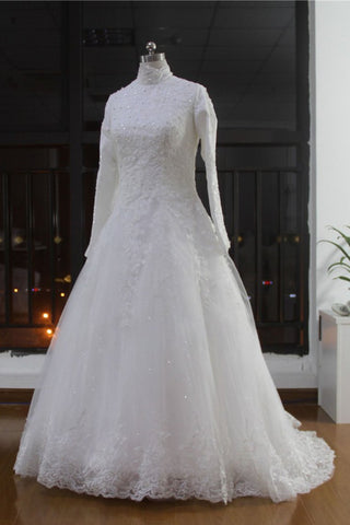 2024 Alto cuello vestidos de novia Una línea Tulle musulmana con apliques