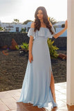 Flowy Light Sky Blue Chiffon Vestidos de fiesta largos Vestidos de boda elegantes