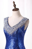 2024 Bling Bling vestidos de noche Mermaid V cuello lentejuelas de encaje con Rhinestones Sweep / tren cepillo